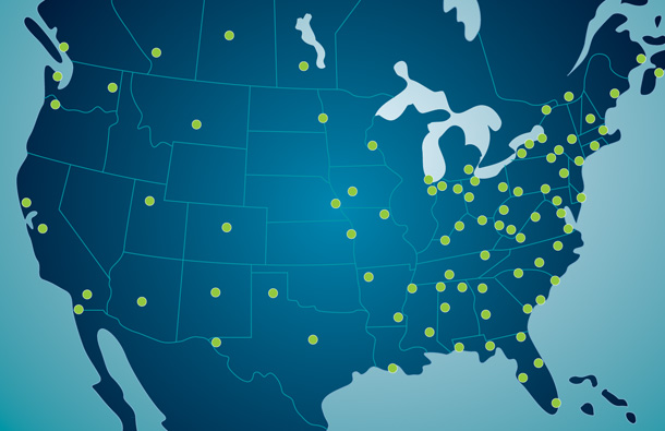 Illustration of North American map showing locations of Thermo King e-rail certified dealers.									